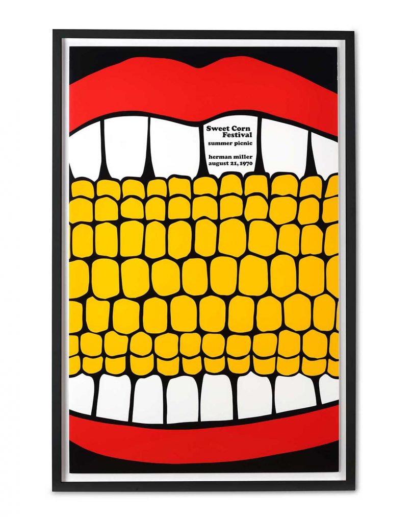 graphic art poster of cartoon red lips, white teeth and yellow corn