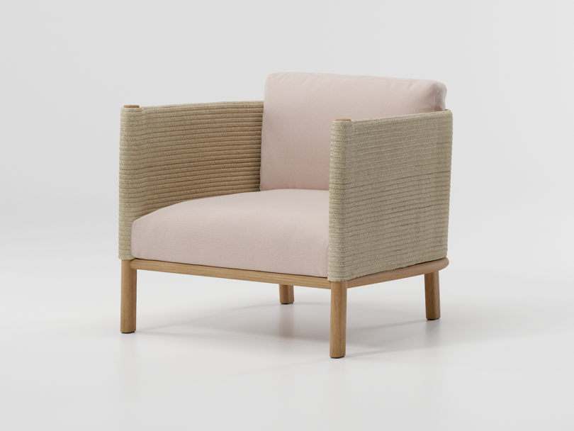 beige boxy outdoor armchair on white background