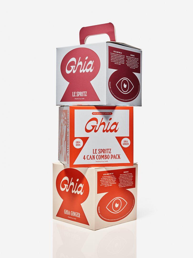 three stacked 4-pack boxes of Ghia beverage on white background