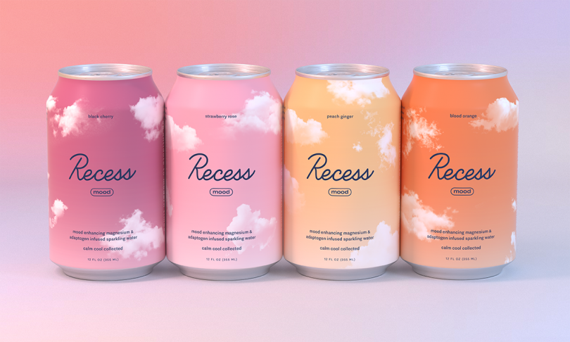 four cans of Recess Mood on brightly colored gradient background