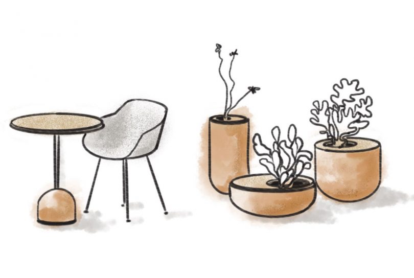 sketch of table, chair, and planters