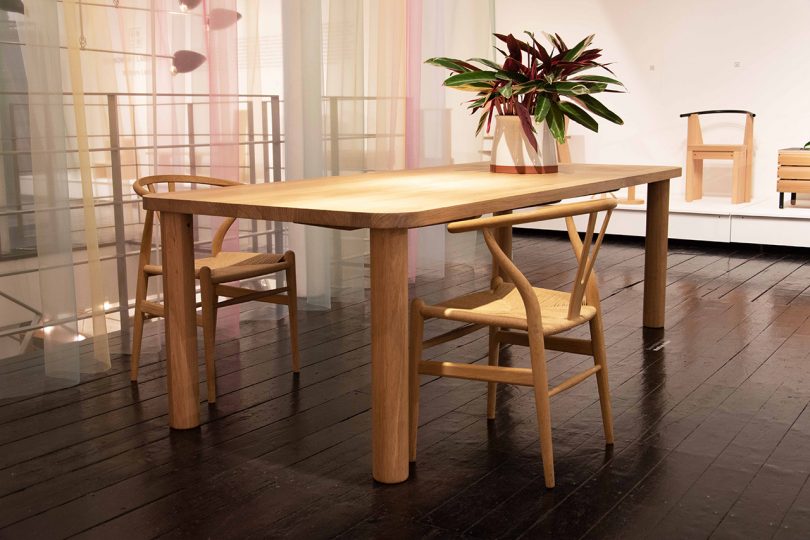 wood dining table with two dining chairs and green plant
