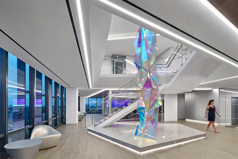 lobby space with large faceted sculpture