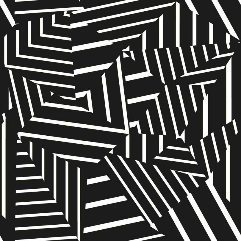 graphic black and white stripe patchwork wallpaper closeup