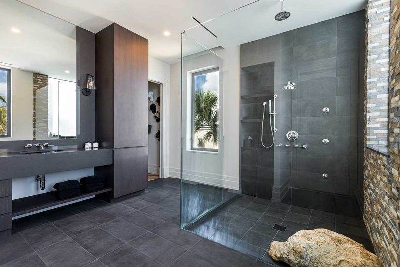 modern bathroom in dark hues with glass enclosed shower