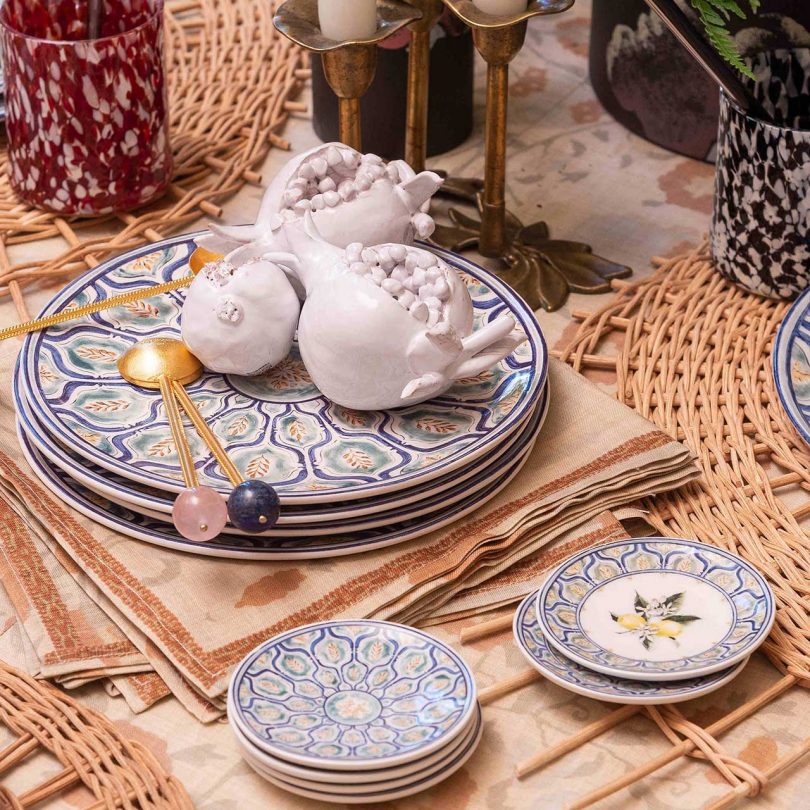 traditional stack of blue and pink dishes