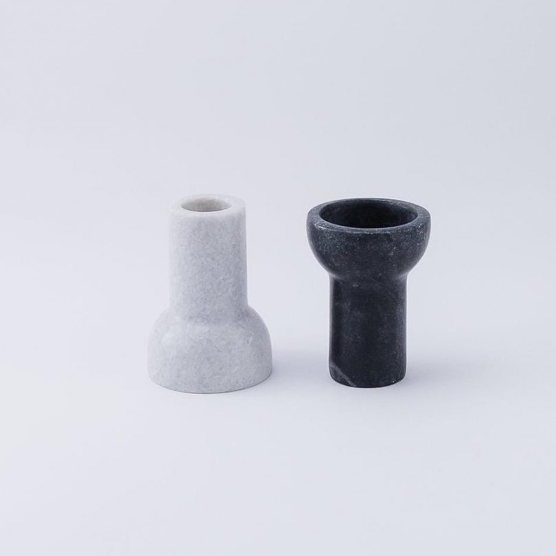 Aaron Probyn Como Candle Holders in white marble (left) and black marble (right) 