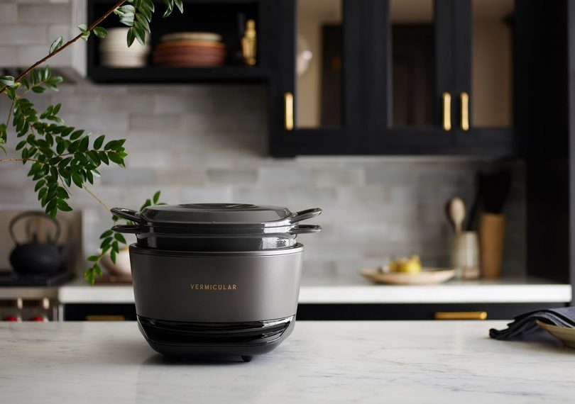 vermicular musui kamado cast iron induction cooker on a kitchen countertop