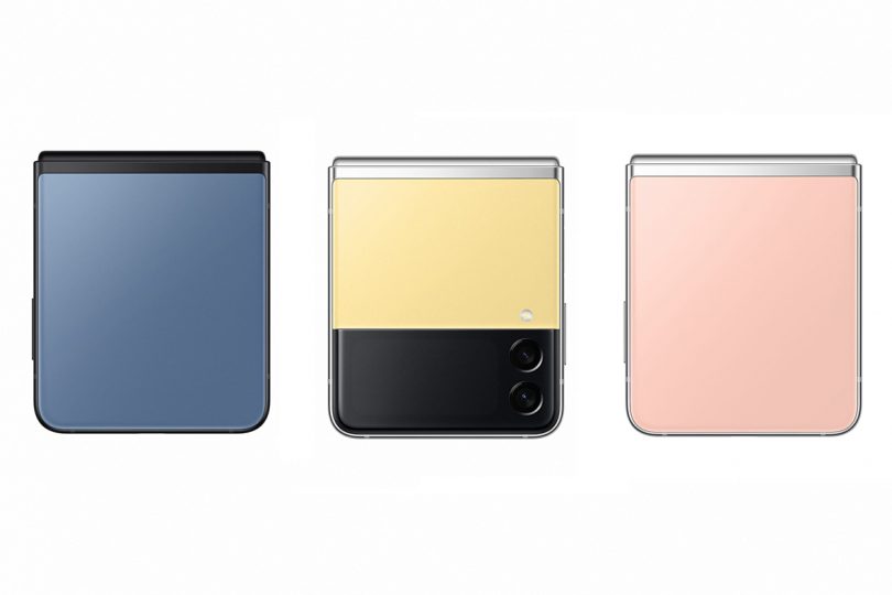 Three Galaxy Z Flip3 Bespoke Edition folded in closed mode.