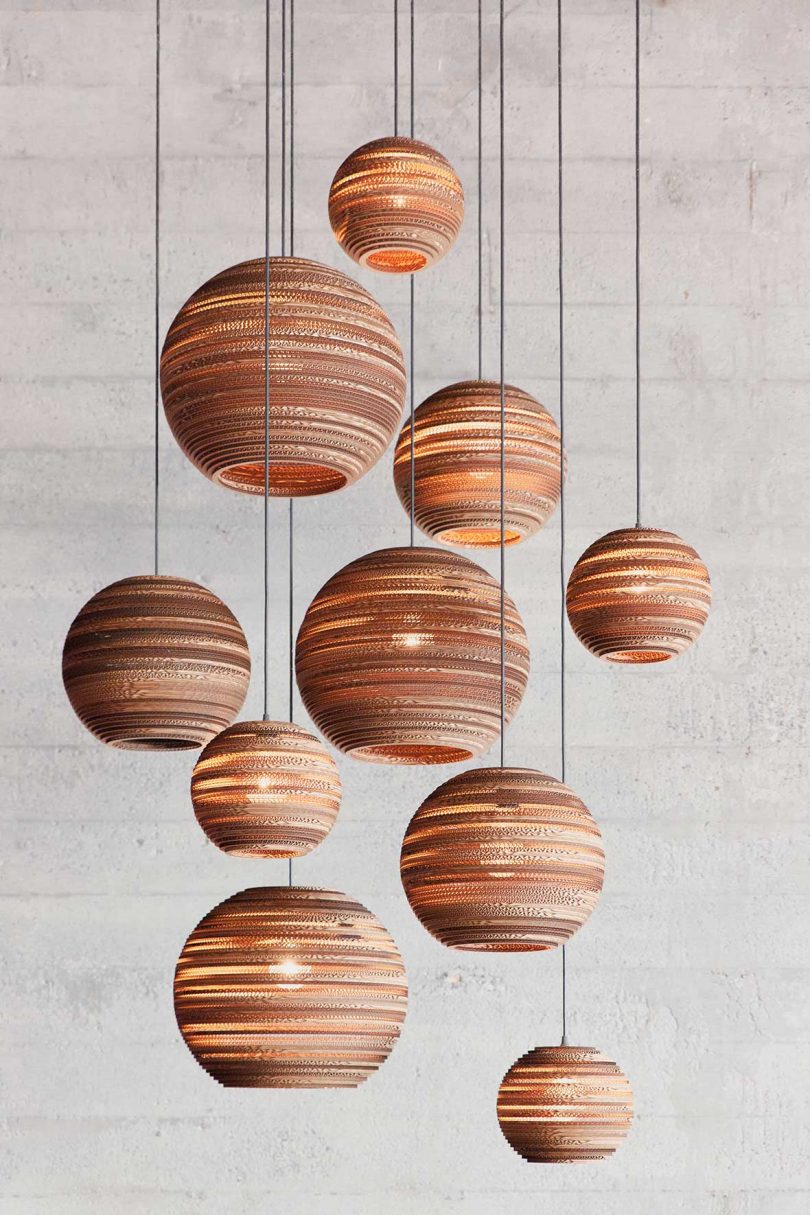 collection of brown cardboard globe lamps hanging