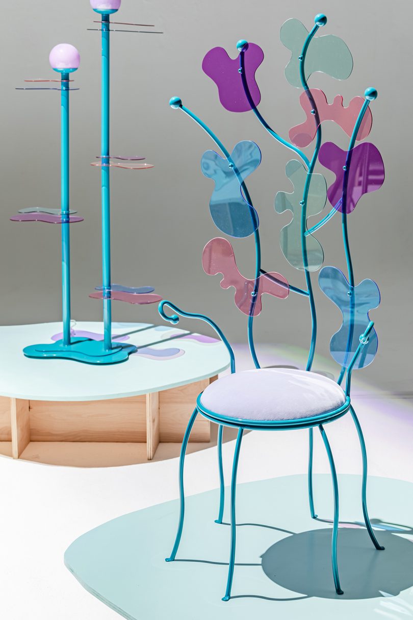 colorful sculptural chair and lamp