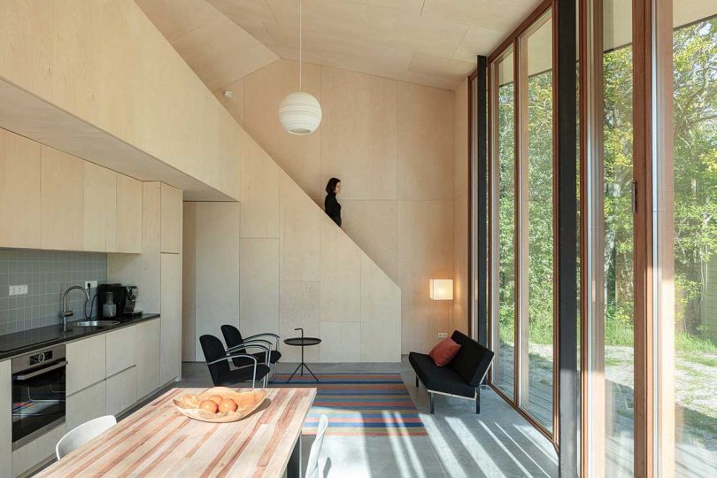 interior of modern cabin with double-height ceilings and white walls