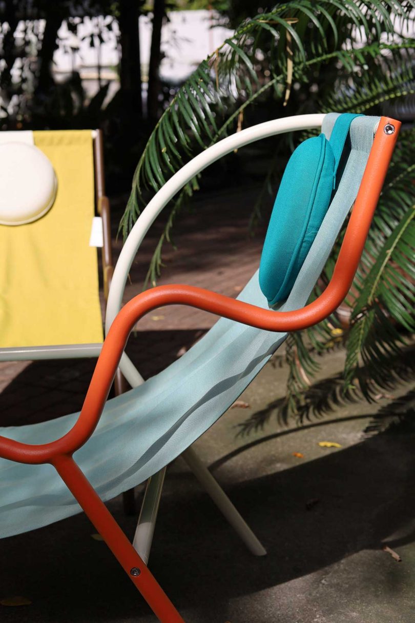 detail of colorful geometric slingback chair
