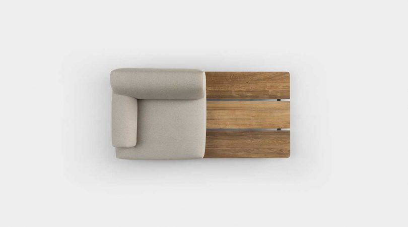 overhead photo of wooden sofa base and upholstered corner seat
