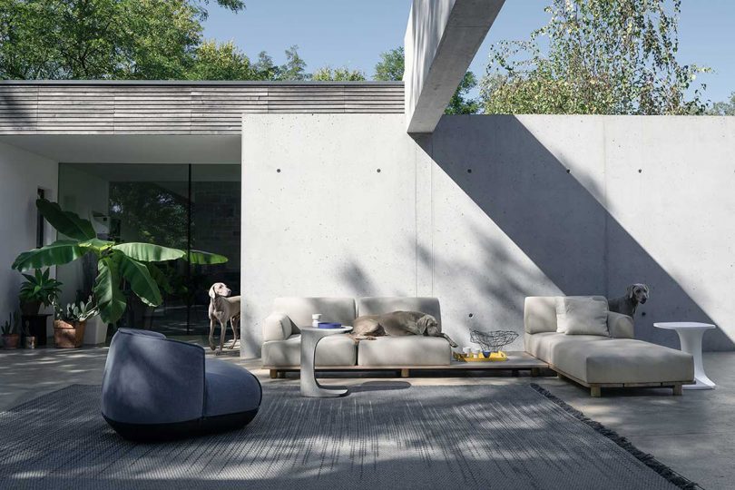 outdoor patio with large white sofa