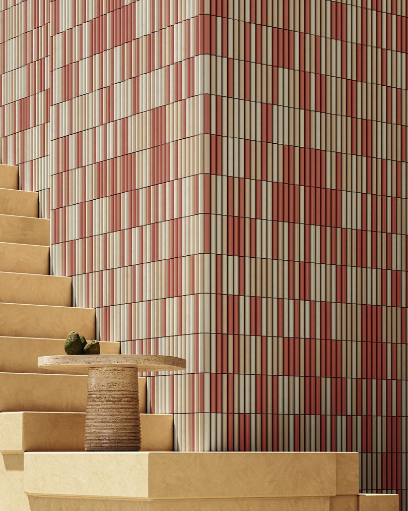 pink and white tiled outdoor walls and stairs
