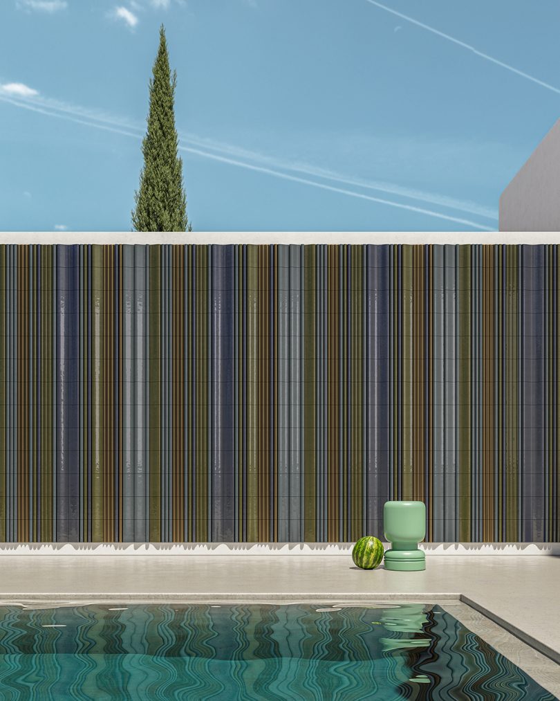 dark striped tile outdoor wall behind pool