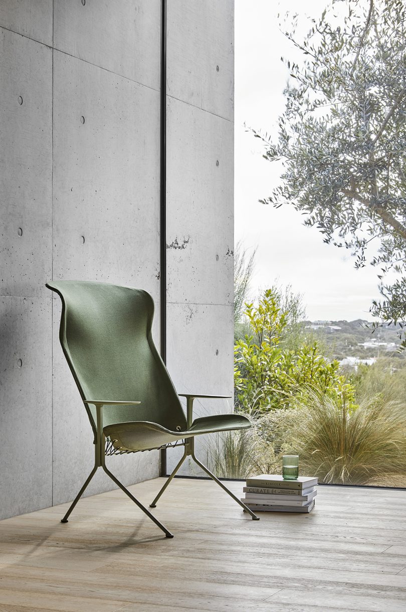 olive green lounge chair in outdoor space