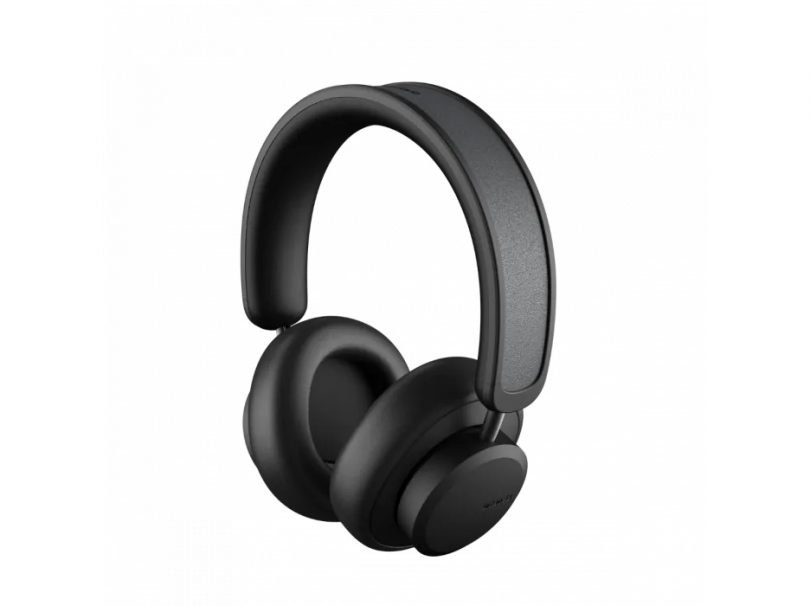 Three-quarter angled view of black headphones from top.