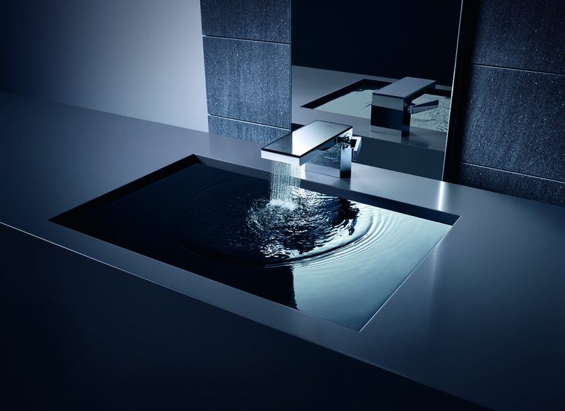 black sink with chrome fixtures