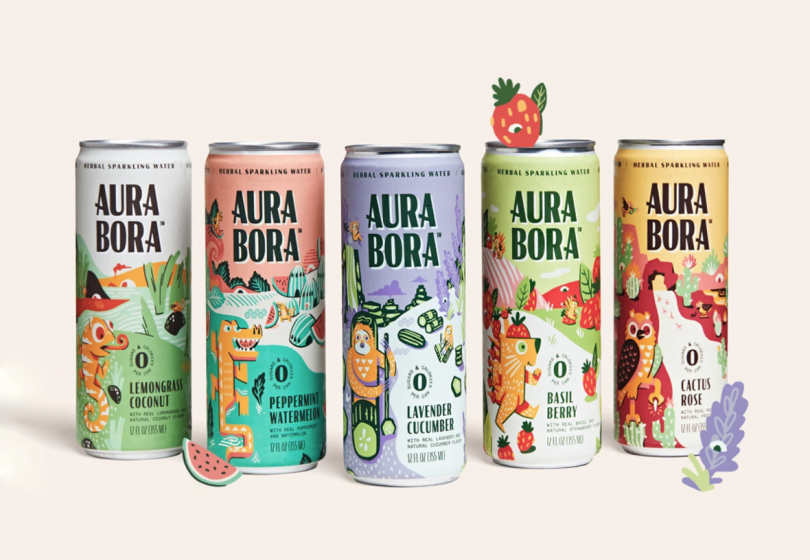 five colorful beverage cans labeled AURA BORA
