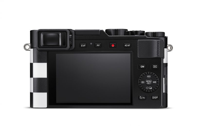 Back view of Leica D-Lux 7 digital camera with checkered pattern and display screen.