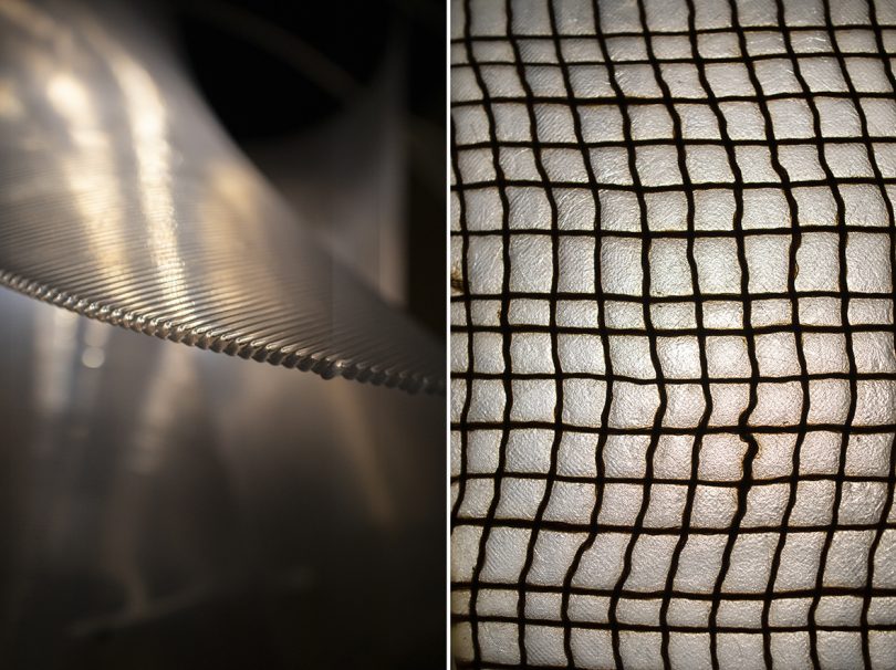 Close-up details of the 3D printed recycled PET plastic, flax-based structure and biopolymer outer wings.