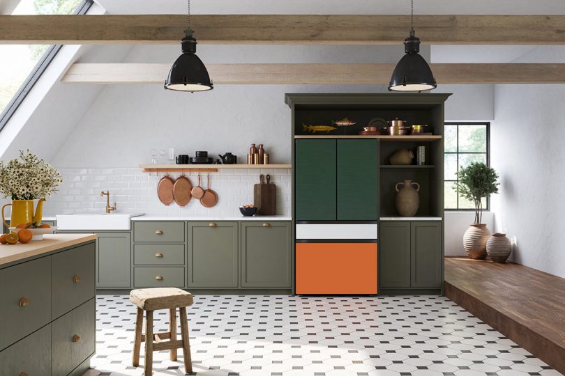 Contemporary-traditional kitchen with three door refrigerator with green, white and orange color finish.