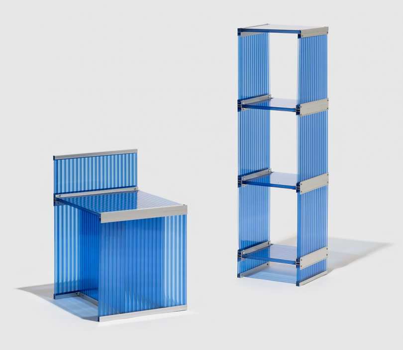 blue polycarbonate chair and shelves