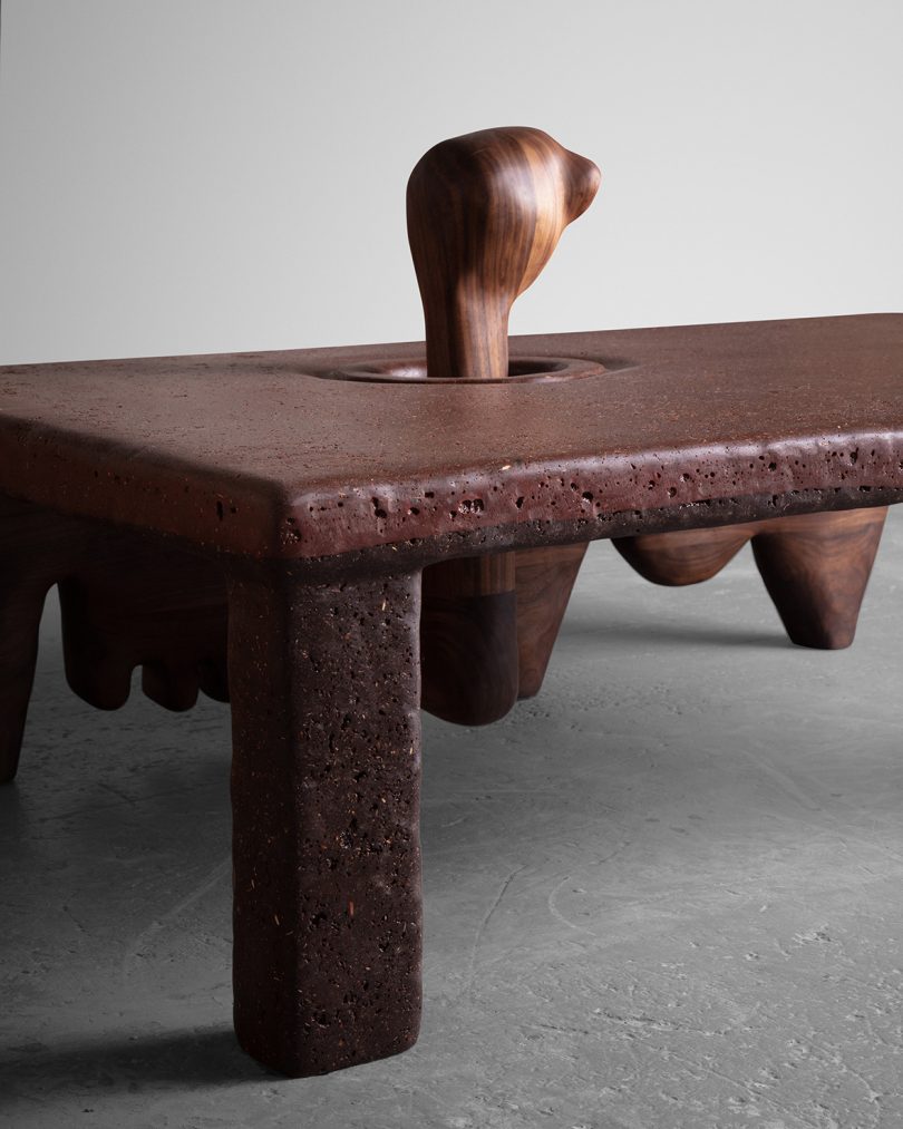 detail of abstract low wood table