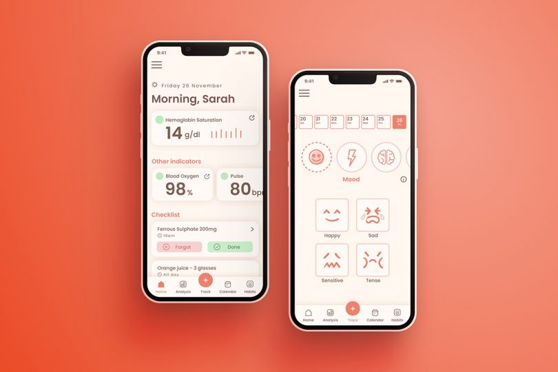 Two iPhones with Dip iOS app displayed; screen on left showing realtime blood health measurements, screen on right displaying user's daily mood journal.