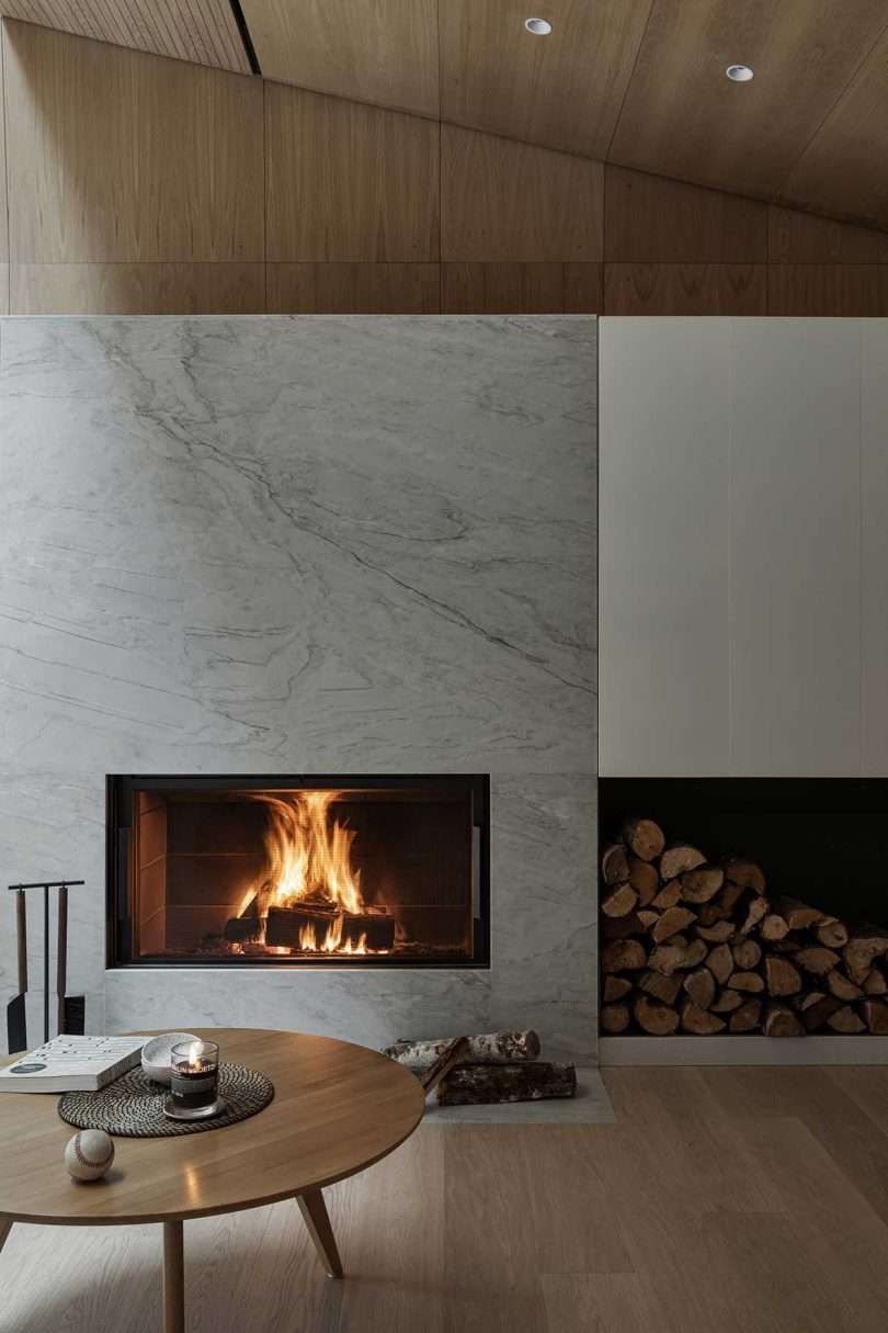 fireplace with marble surround in modern living space