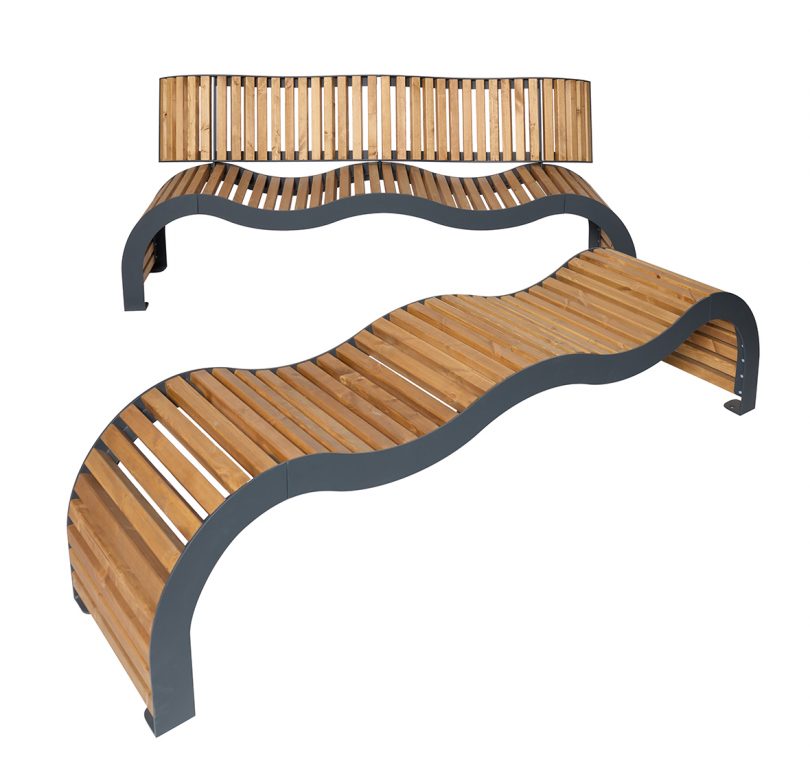 two black and wood benches on white background