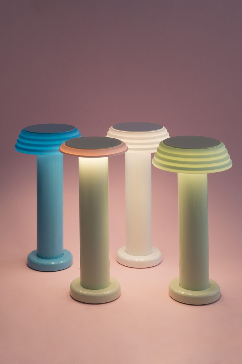 four colorful table lamps
