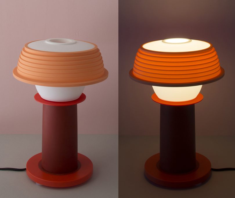 split image of taBle lamp turned off and turned on