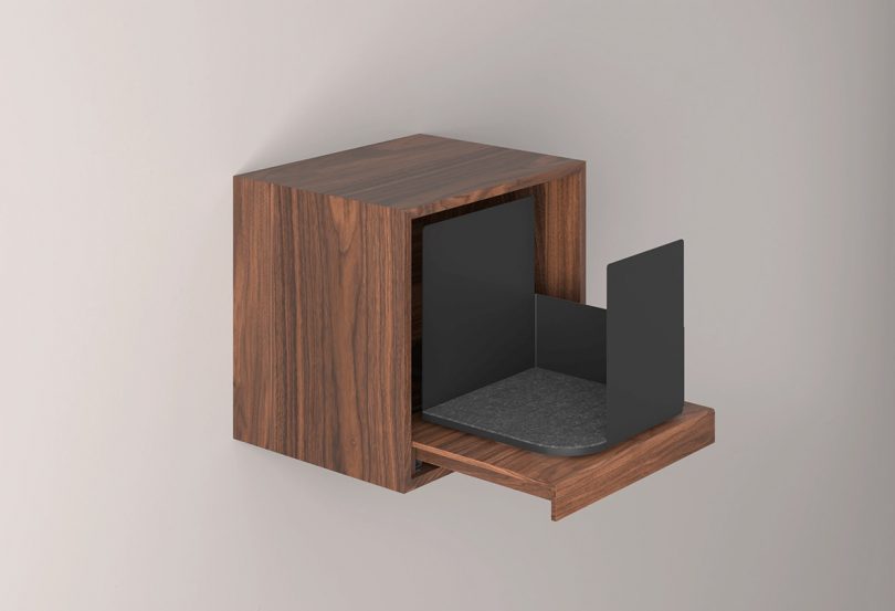 Walnut cube record storage shown with drawer and record holder open.