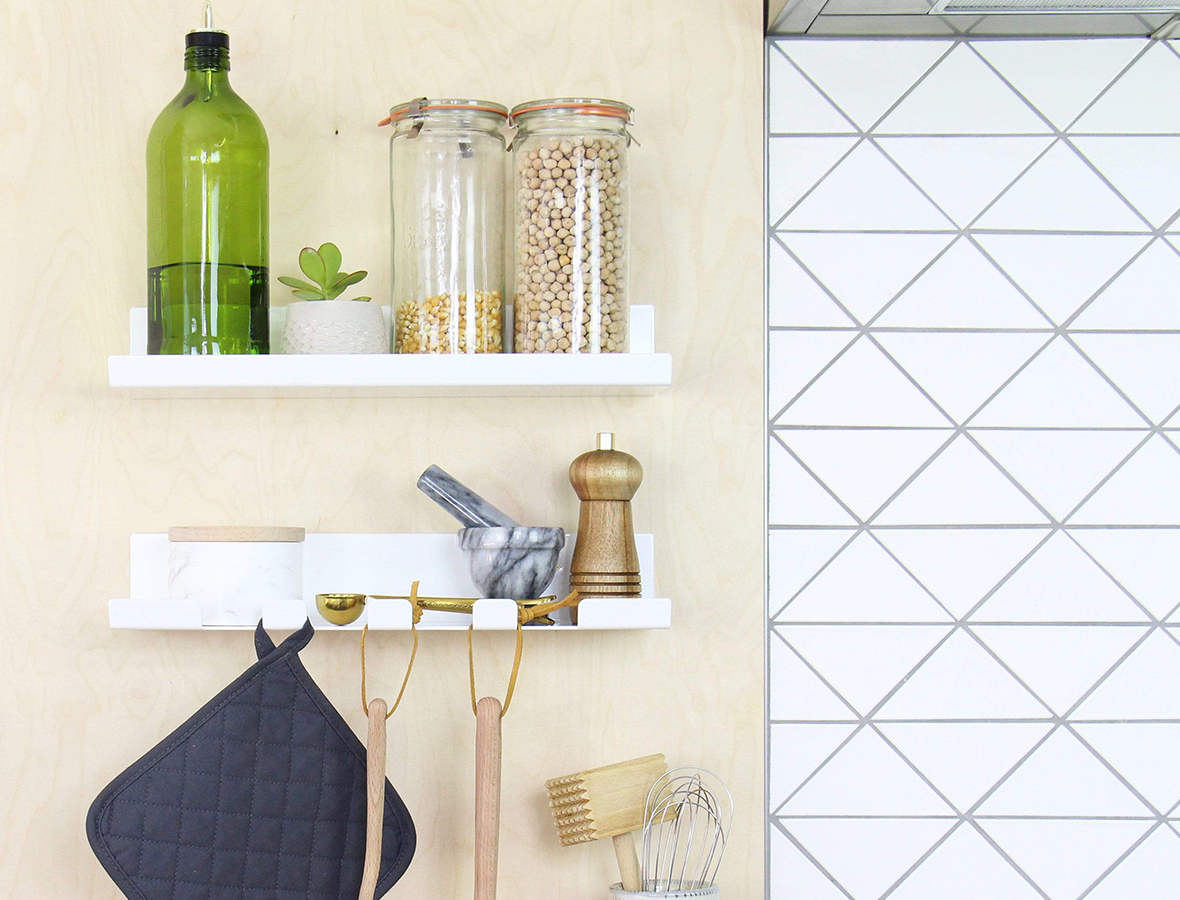 merkled studio shelves in a kitchen