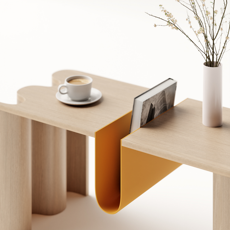 wood coffee table with built-in magazine holder on white background