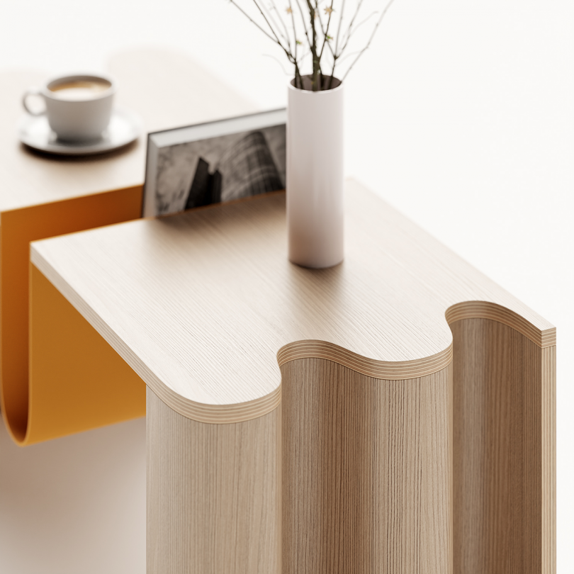 detail of wood coffee table with built-in magazine holder on white background