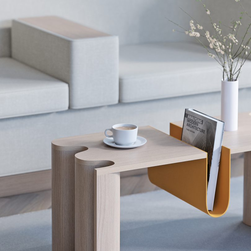 detail of wood coffee table with built-in magazine holder in living space