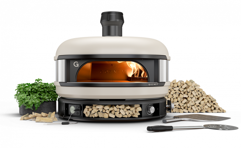 white pizza oven with wood and flame on white backgrouond