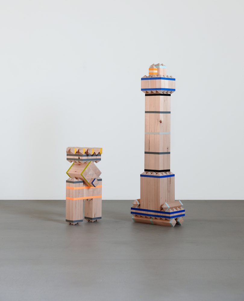 wooden structures made with blocks and masking tape