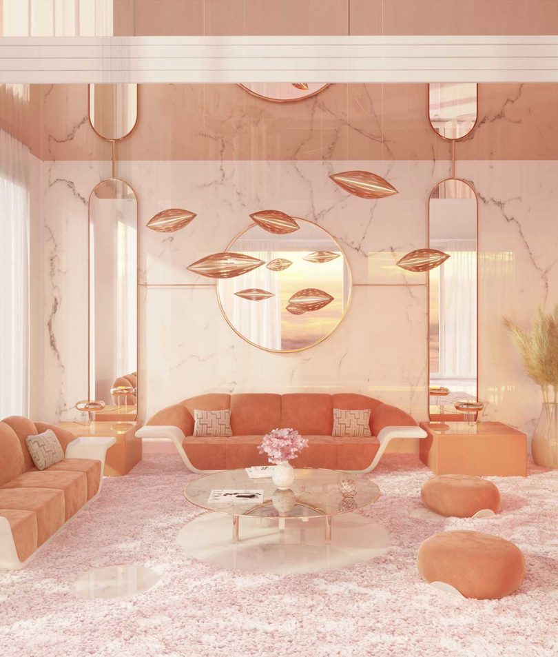 two pink sofas, side tables, tables lamps, and coffee table