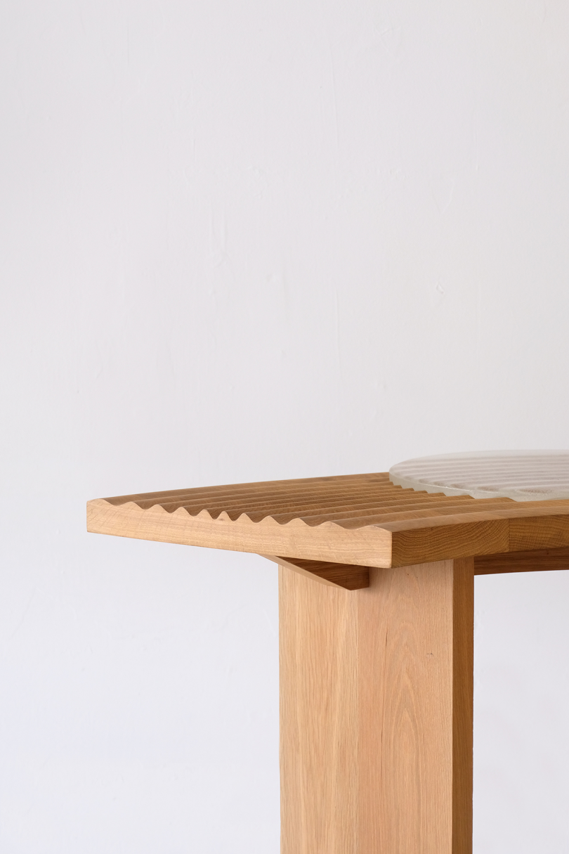 detail of wood multifunctional piece of furniture on white background