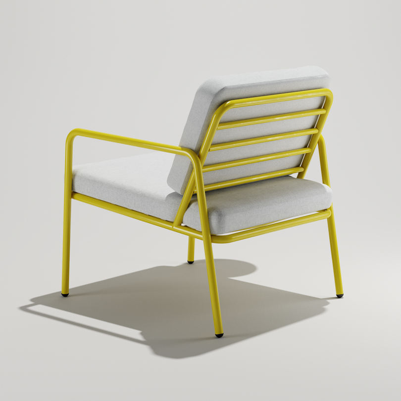 rear of yellow indoor/outdoor armchair with white cushions on white background