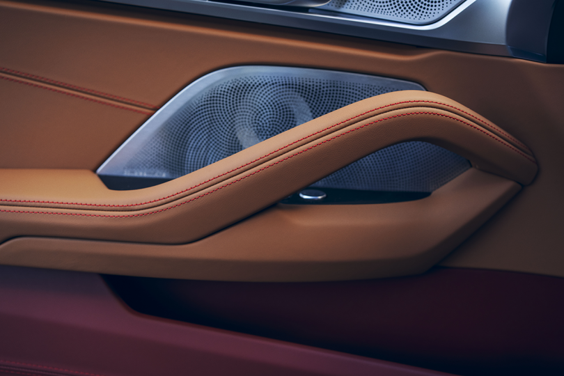 detail of brown and maroon leather car door interior