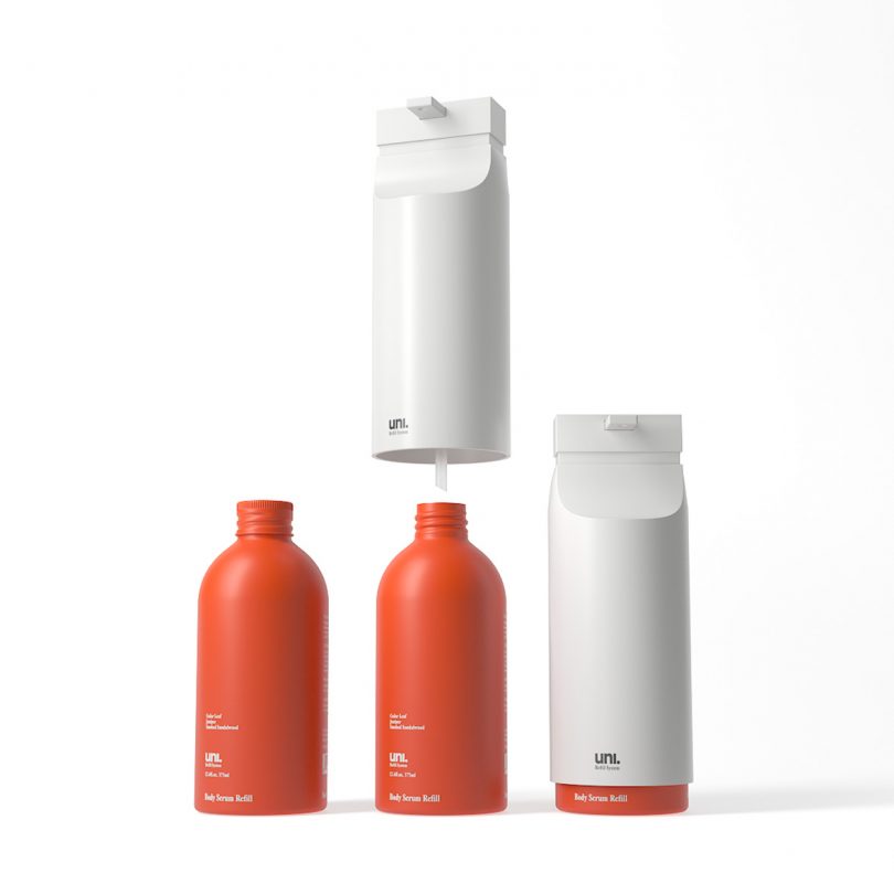 Three orange body serum aluminum bottles, with one on left unopened with cap on, second with white aluminum dispensers floating above bottle without cap on, and bottle on the right shown with the completed refilled and dispenser pairing.