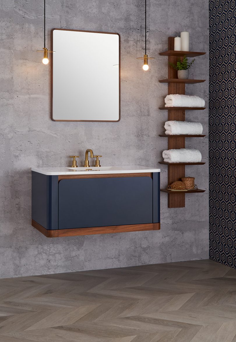 styled black and wood bathroom wall mounted vanity
