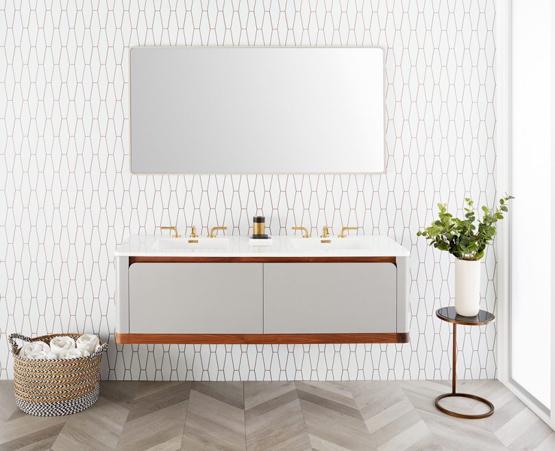 styled white and wood bathroom wall mounted double vanity