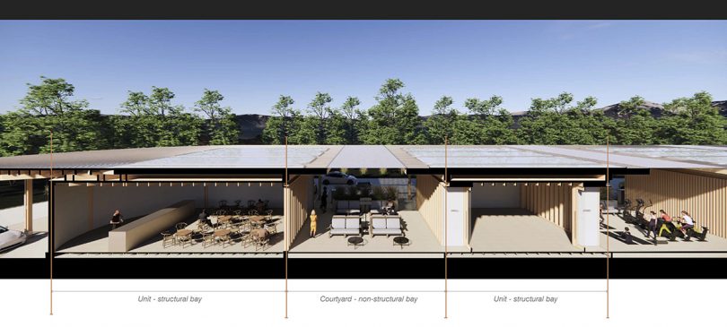 Side plan view render showing three different zones comprised of a structural bay, courtyard and unit where visitors can workout.